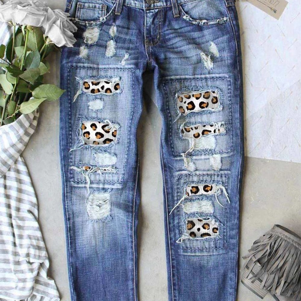 Leopard Patchwork Distressed Jeans with Pockets